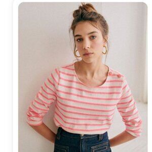 NEW Sezane Colette Mariniere  Striped Long Sleeve Shirt Rose Pink Ecru Striped M
